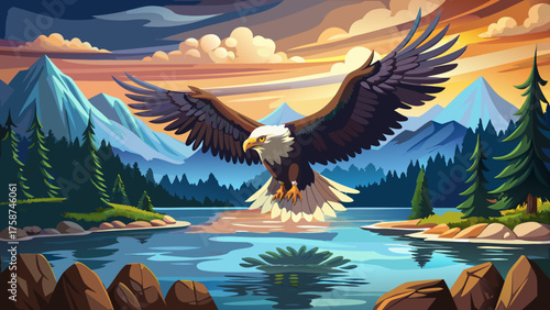 Very beautiful American bald eagle hunting at a tranquil lake, its wings spread wide as it dives toward the shimmering water, capturing the essence of freedom, power, and natural grace.
