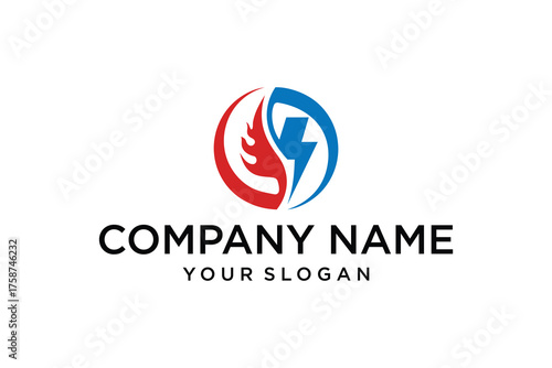 Dynamic Red Flame and Blue Lightning Bolt Circle Logo Design for Energy and Power Solutions