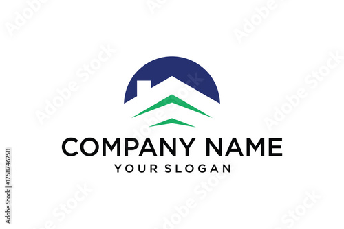 Modern house and real estate logo design featuring a stylized roof, chimney, green growth arrows, and blue semi-circle.