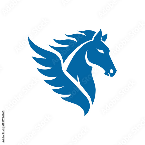 Dynamic blue winged horse head symbol on white background. Majestic mythical creature illustration, powerful emblem or icon design.