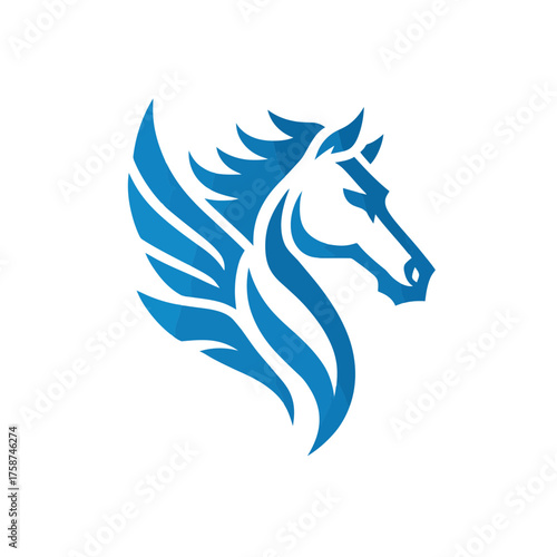 Blue winged horse head vector graphic, elegant equine silhouette logo, mythical Pegasus symbol, fantasy animal icon design element