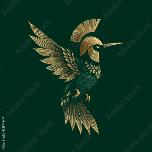Stylized golden and green hummingbird with ancient warrior helmet illustration on dark background, elegant avian emblem design