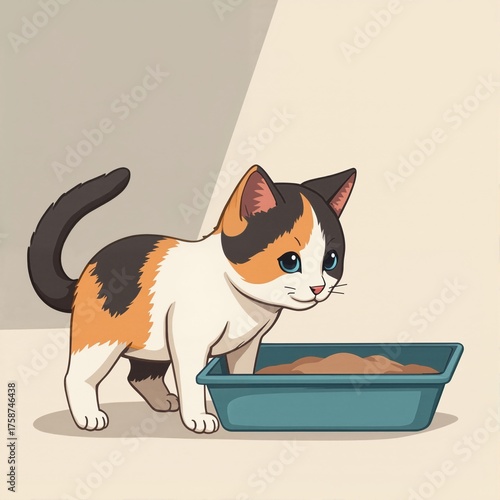 A cute cartoon kitten with a litter box.