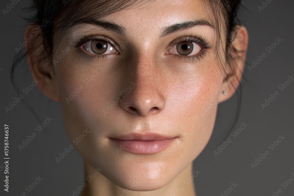 Fototapeta premium Close-up of a person with short dark hair, neutral expression, and brown eyes. The person has clear skin and subtle makeup, with soft lighting enhancing facial features. No text visible
