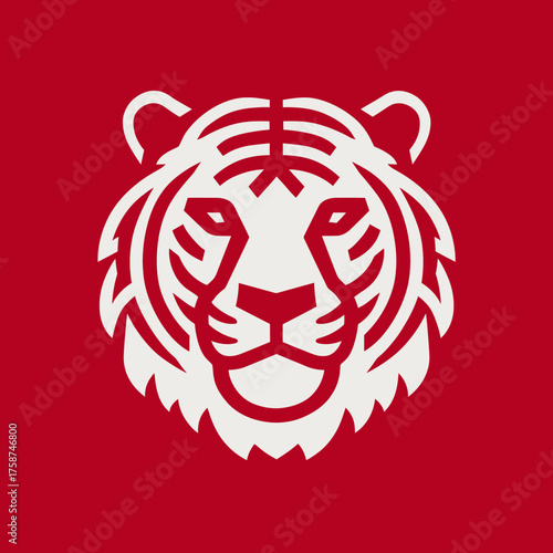 Modern stylized white tiger head graphic on a vibrant red background, embodying power, courage, and wild strength. Bold animal icon.