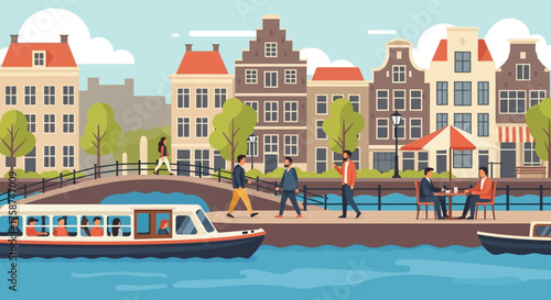 This engaging flat design illustration captures the lively atmosphere of Dutch canal life, showing people enjoying boat rides, strolling along the banks, and relaxing at an outdoor cafe.