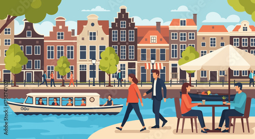 This engaging flat design illustration captures the lively atmosphere of Dutch canal life, showing people enjoying boat rides, strolling along the banks, and relaxing at an outdoor cafe.