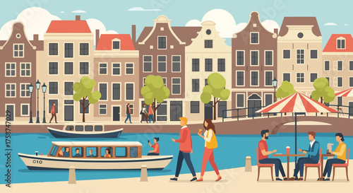 This engaging flat design illustration captures the lively atmosphere of Dutch canal life, showing people enjoying boat rides, strolling along the banks, and relaxing at an outdoor cafe.