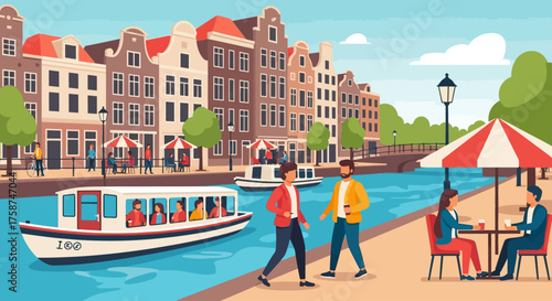 This engaging flat design illustration captures the lively atmosphere of Dutch canal life, showing people enjoying boat rides, strolling along the banks, and relaxing at an outdoor cafe.