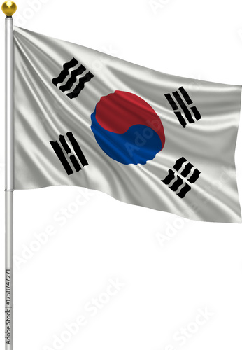 Realistic South Korea Flag Waving on Pole with Silk Fabric Texture, 3D Render Isolated on Transparent Background