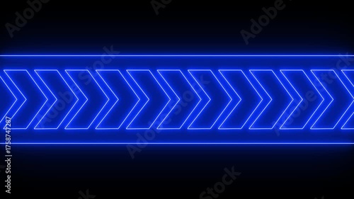 Futuristic Blue Arrow Technology Background with Digital Lines. Abstract glowing neon arrow loading animation. Neon arrow animation on black background. Arrow Loop animation direction concept.  