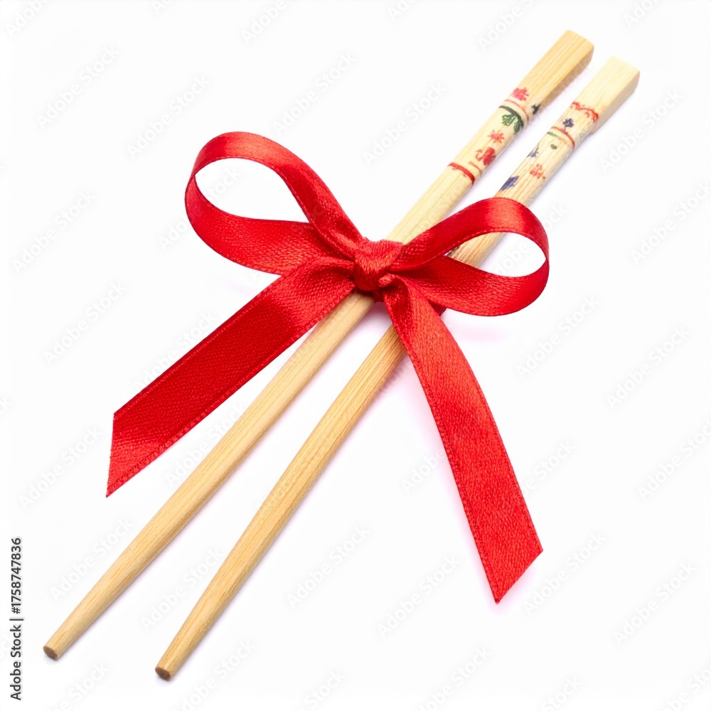 Fototapeta premium Wooden Chopsticks Tied with Red Ribbon Isolated on Clean White Background