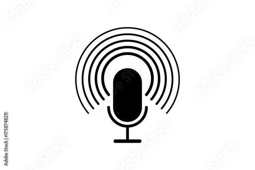 Simple minimalist black and white icon illustration of microphone with concentric sound waves emanating outwards. Represent podcasting, audio recording, streaming, music, and communication.