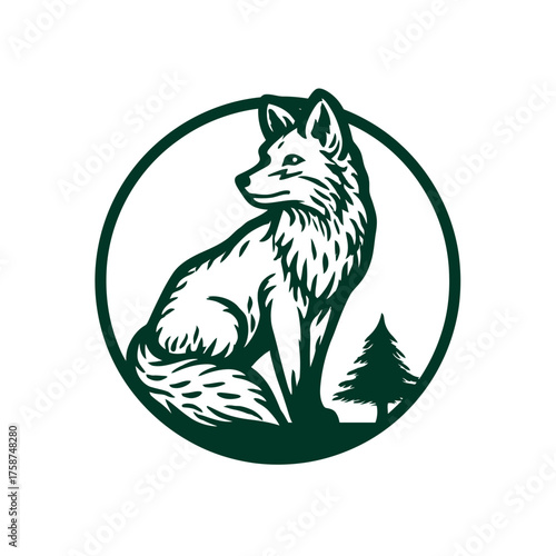 Elegant Wild Fox and Pine Tree Illustration in a Circular Frame - Nature-Inspired Wildlife Graphic Design Emblem