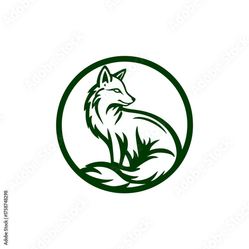 Elegant minimalist green fox illustration in a circular frame. Stylized wildlife animal graphic design concept.