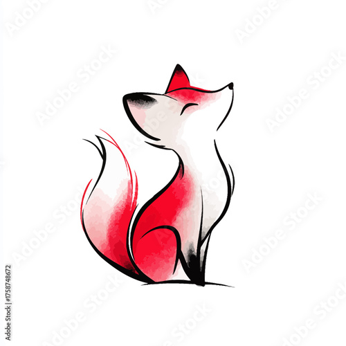 Charming stylized red fox illustration, minimalist design with brush strokes, cute artistic animal graphic looking up.