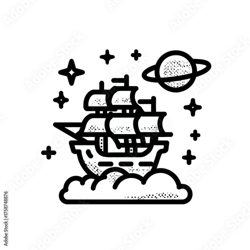 Fantasy sailing ship on cosmic clouds, with stars and a planet. Dreamlike celestial adventure concept illustration.