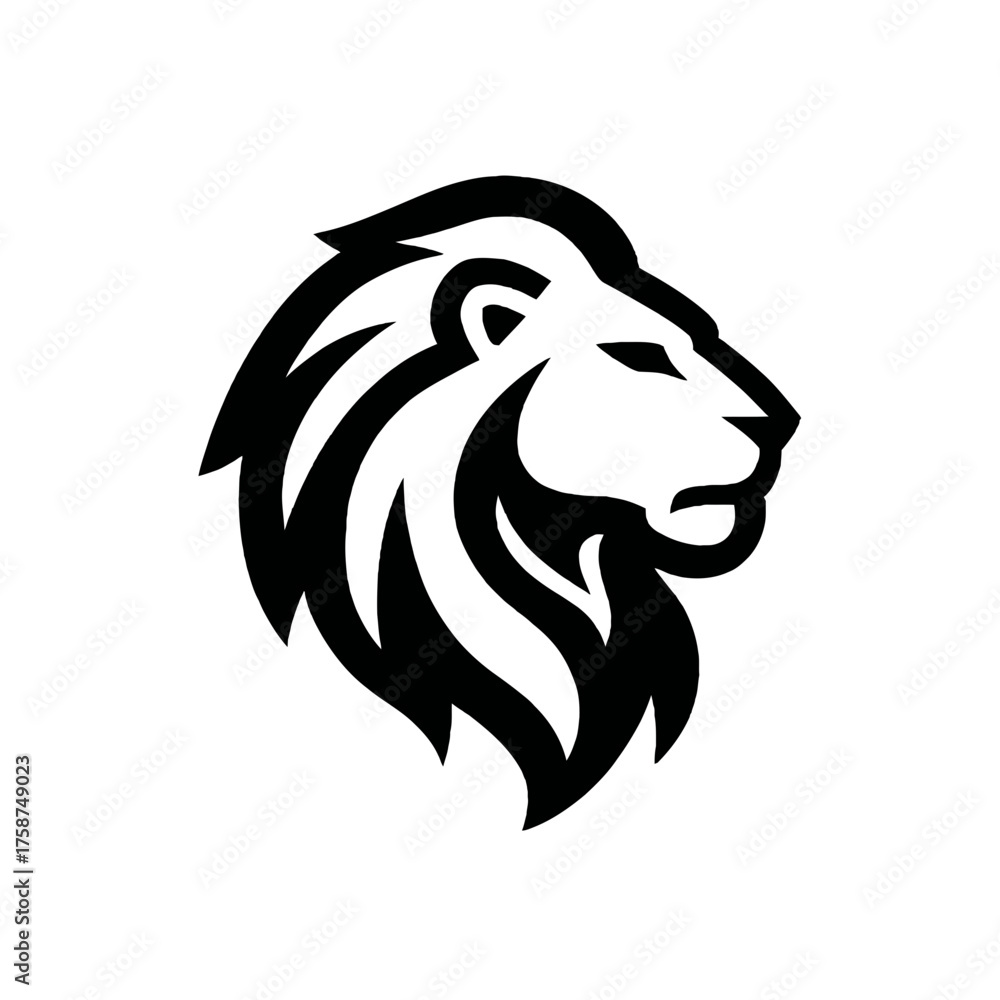 Fototapeta premium Powerful lion head profile vector graphic illustration symbol. Majestic predatory animal icon representing strength, courage, and leadership.