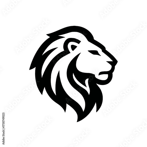 Powerful lion head profile vector graphic illustration symbol. Majestic predatory animal icon representing strength, courage, and leadership.