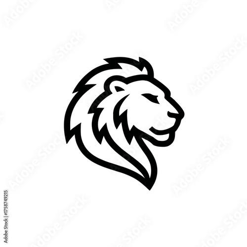 Elegant lion head profile illustration. Majestic black and white line art graphic symbol. Strength, power, and leadership icon design.