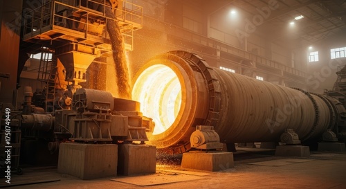 A large industrial rotary kiln glows with intense heat, used for processing materials in a manufacturing plant environment