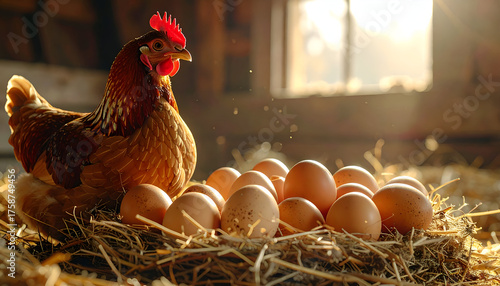 Dozen brown eggs in nest with mother hen nearby, natural farm lighting