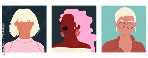 Abstract women portraits set. Faceless female characters. Person poster, head avatar, hand drawn vector illustration.