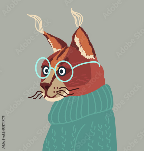 Avatar funny lynx head in round glasses in casual city clothes, sunglasses. Hand drawn vector illustration.