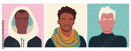 Abstract man portraits set. Faceless male characters. Person poster, head avatars hand drawn vector illustration.