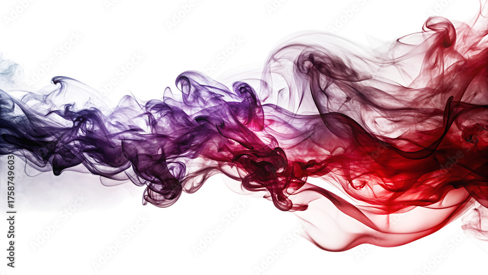 Fototapeta premium Swirling wisps of translucent purple and red smoke, forming abstract ethereal shapes, cutout, PNG, isolated on white or transparent background, AI