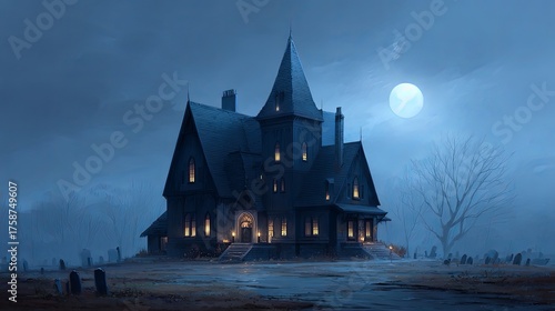 Large, dark house with a large moon in the sky. The house is surrounded by a graveyard with several gravestones