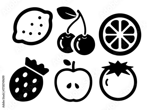 Monochrome Fruits and Vegetables Icons Set