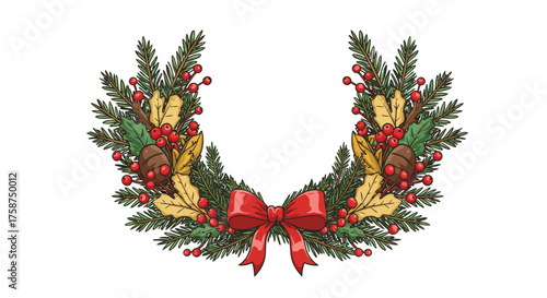 Φωτογραφία Festive holiday wreath with red berries and bow on white background