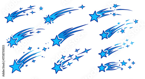 Dynamic blue star trails on white background: cartoon shooting star design