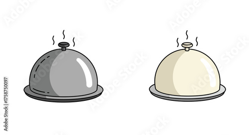 Cartoon style serving cloche pair with steam on white background