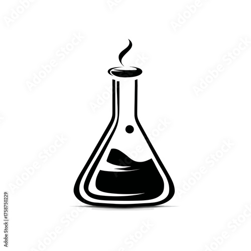 Black and white vector icon of a conical flask with steaming liquid, symbolizing chemistry experiments, research, and scientific discovery.