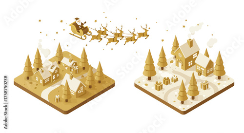Isometric festive village with santa's sleigh crossing winter scene
