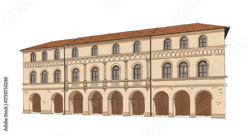 Historic renaissance building with arched windows and terracotta roof in line art style