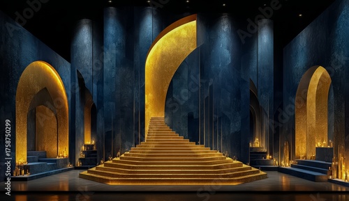 Stage set with a golden staircase leading up to a throne. The scene is set in a palace or a theater