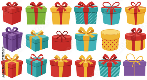 Colorful gift boxes with ribbons on white background