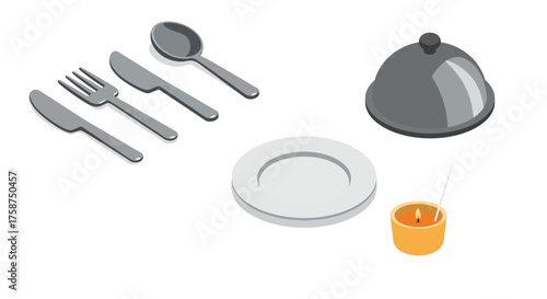 Isometric dining set with utensils, plate, cloche, and candle on white background