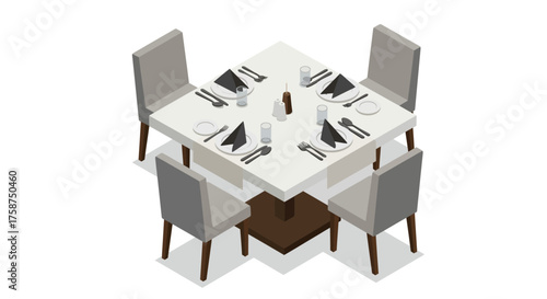 Isometric dining table setup with modern chairs and tableware