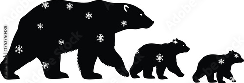 A heartwarming silhouette of a mother bear and her two cubs walking in snow, capturing essence of family and winter