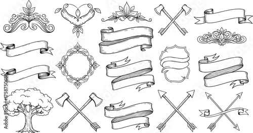Hand- Drawn Decorative Elements Including Banners Ribbons Axes Arrows and a Tree Keywords: banner, ribbon, axe, arrow, tree, decorative, element, hand-drawn, sketch, illustration, vintage, retro