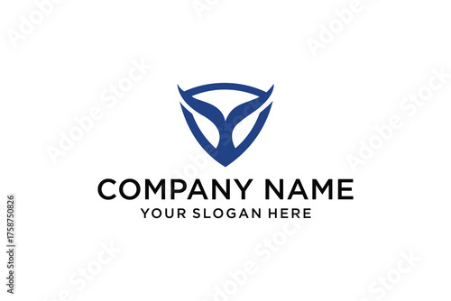Abstract Blue Shield Logo Design with Stylized Whale Tail or Letter Y Symbol