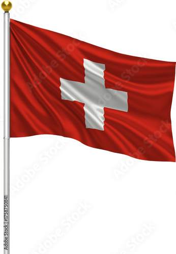 Realistic Switzerland Flag Waving on Pole with Silk Fabric Texture, 3D Render Isolated on Transparent Background