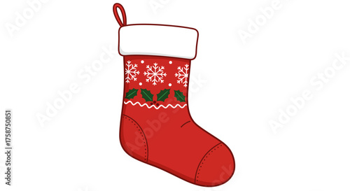 Festive christmas stocking with snowflakes and holly design