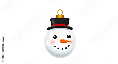Cute snowman ornament with top hat and carrot nose on white background