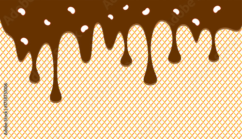 Wavy chocolate illustration. Dripping chocolate illustration background. Brown chocolate drip on waffle background.. Fast food chocolate drip illustration  Hand-drawn choco drip vector.