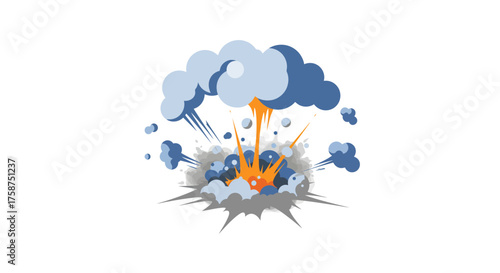 Dynamic explosion with smoke and sparks on white background in flat style
